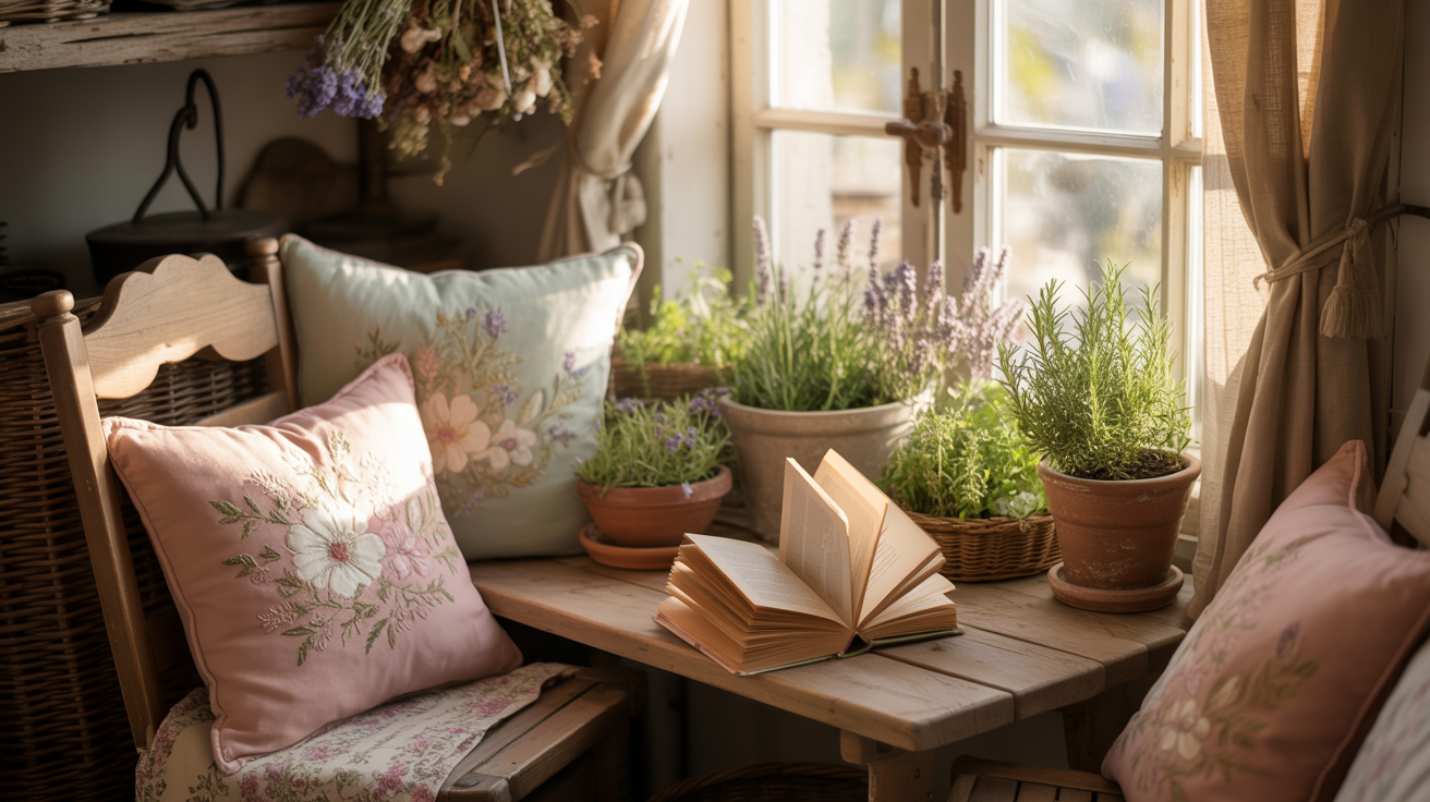 Cottagecore Read Cottagecore reading nook with open book, flowers, and sunlight.