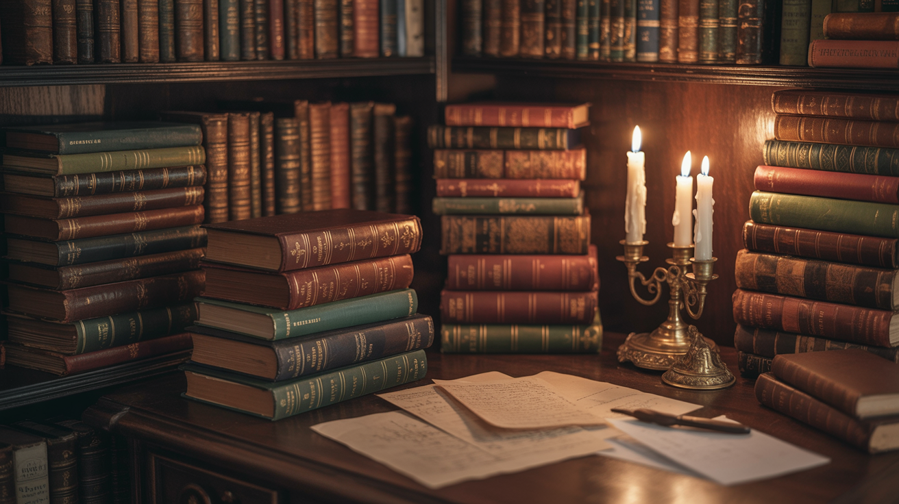 Dark Acedamia Dark Academia bookish aesthetic reading corner with antique books and candlelight.
