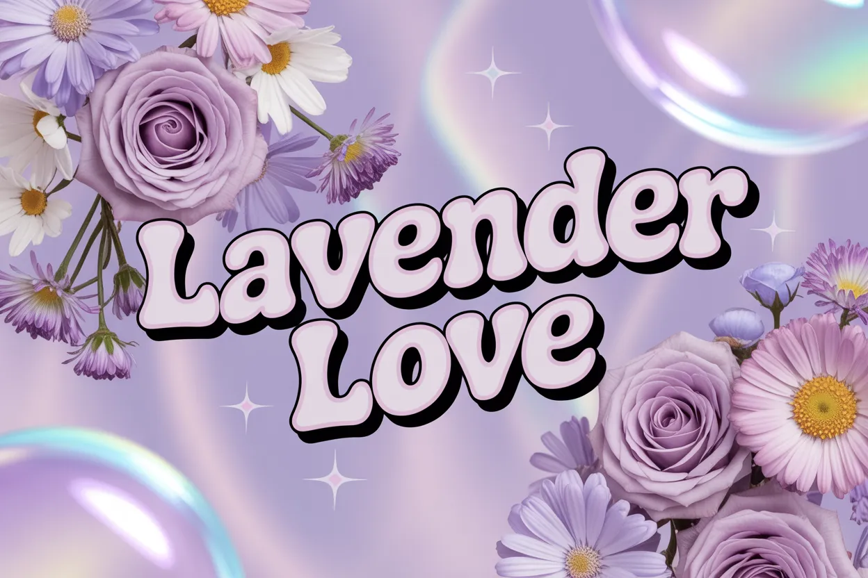 Lavender Love graphic with bold retro bubble letters surrounded by soft lavender roses, daisies, and pastel bubbles on a dreamy purple background, evoking a soft and feminine Y2K aesthetic.