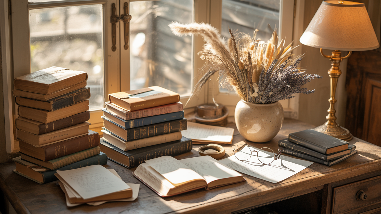 Light Acadamia Bookish Aesthetics with a sunlit vintage desk with open books, stacked novels, and a vase of dried flowers by a window, creating a cozy, nostalgic reading nook bathed in warm golden light.