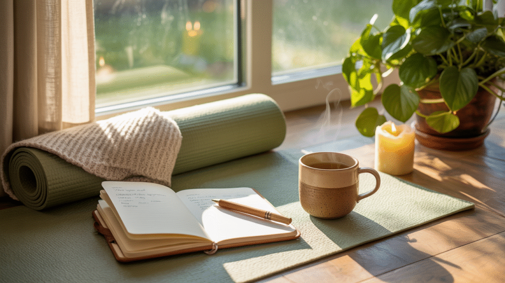 Mind-Body Reset Rituals A serene, sunlit room with a yoga mat, journal, candle, and tea — symbolizing peaceful Sunday reset self care routines that encourage rest and reflection.