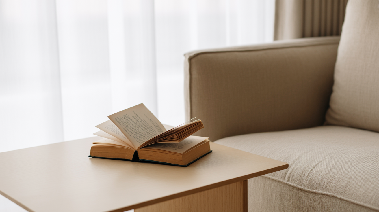 Minimalist Bookish Minimalist reading corner with open book.