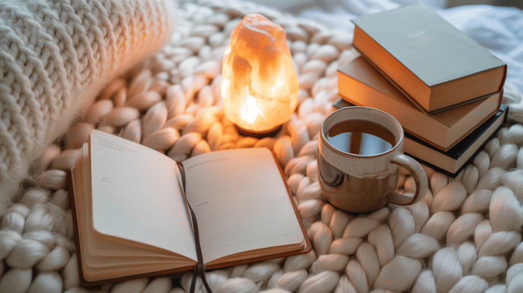 November Items Flatlay of cozy evening items including a salt lamp, books, tea, and a journal on a soft blanket.