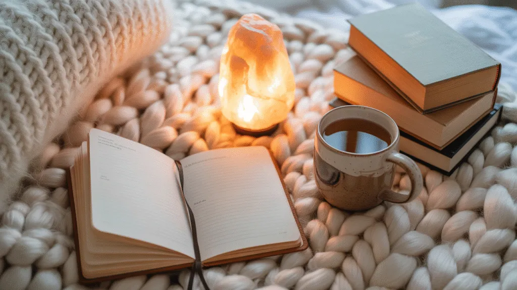November Items Flatlay of cozy evening items including a salt lamp, books, tea, and a journal on a soft blanket.