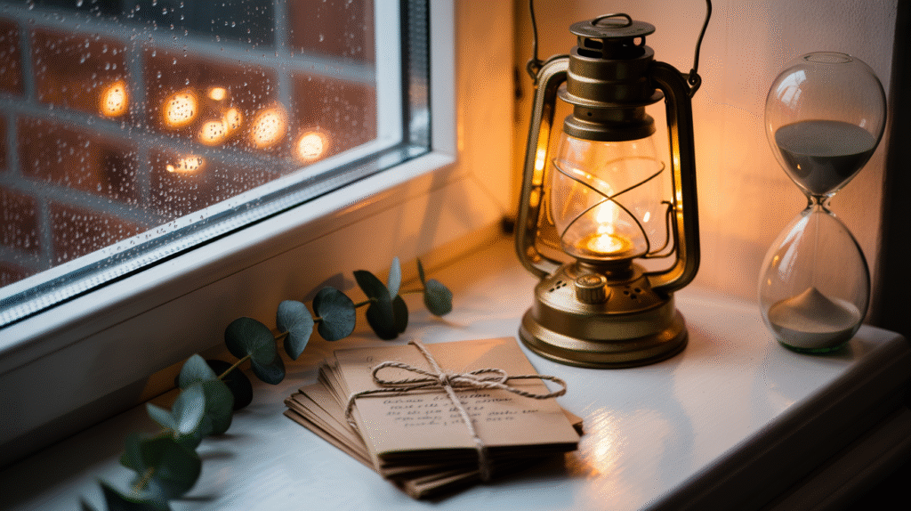 November Routine to Try A serene November windowsill with a glowing lantern, raindrops, handwritten notes, and an hourglass.