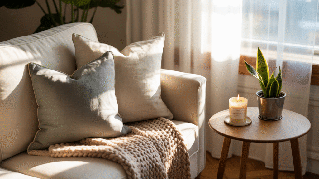 Setting the Tone for Your Space A serene living space with natural light, a candle, and cozy textures — showing how to set the tone for peaceful Sunday reset self care routines that actually stick.