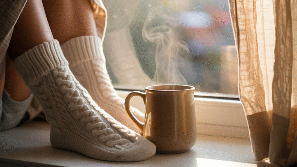 Slower Pace November A warm slow November reflection morning with tea, knit socks, and soft sunrise light.