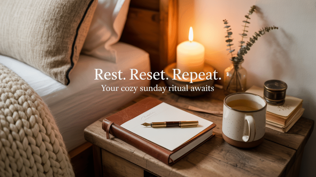 The Takeaway A warm evening scene with candlelight, tea, and a closed journal — capturing the calm, comforting mood of Sunday reset self care routines that close the week softly.