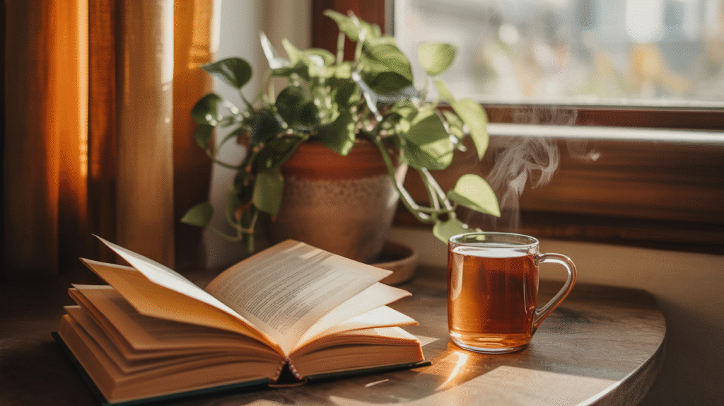 What you are growing into Cozy indoor moment with plants, book pages, and warm light capturing quiet personal growth.