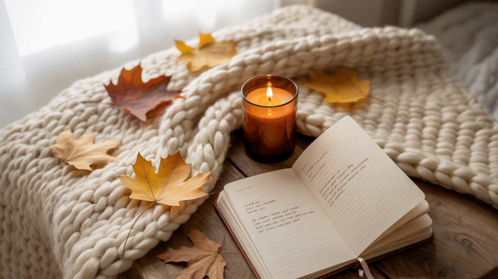 Why November Slows Down Cozy November flatlay with dried leaves, candlelight, and a journal capturing quiet soft november reflections.